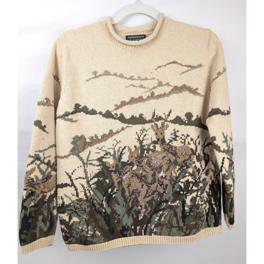 Vintage 90s Ralph Lauren Hand Knit Deer Sweater Size M Hunting Landscape Cottage